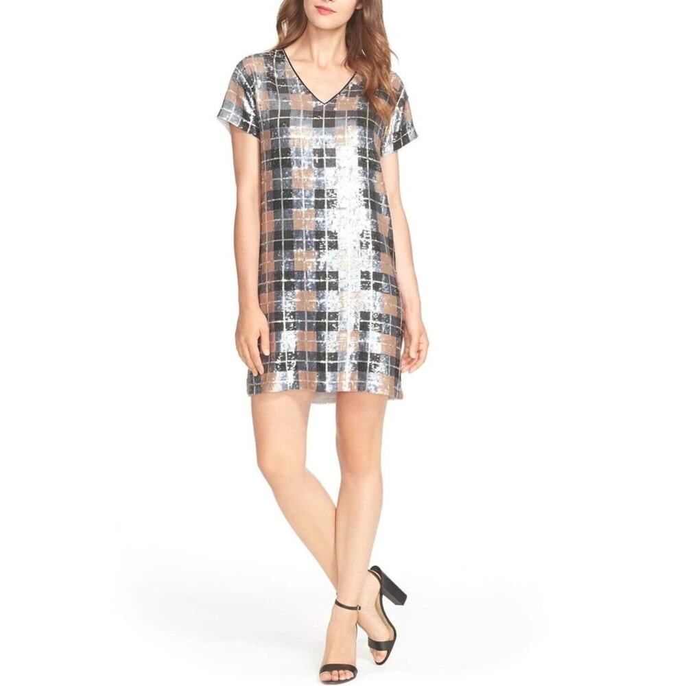 Silver Sequin Plaid Kate Spade Shift Dress Size 4 V Neck Short Sleeve Party NWOT